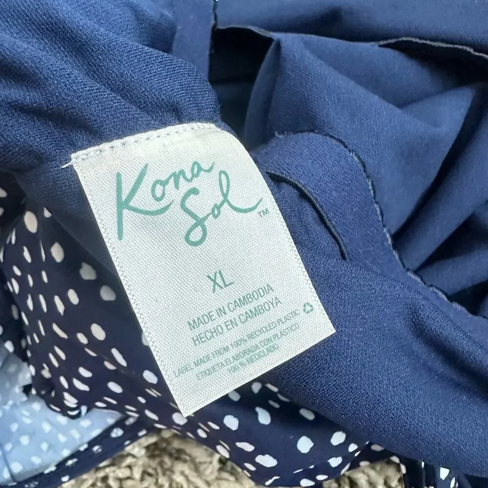 Kona Sol Navy Blue Polka Dot Ruffle Flounce One Piece Swimsuit XL Extra Large